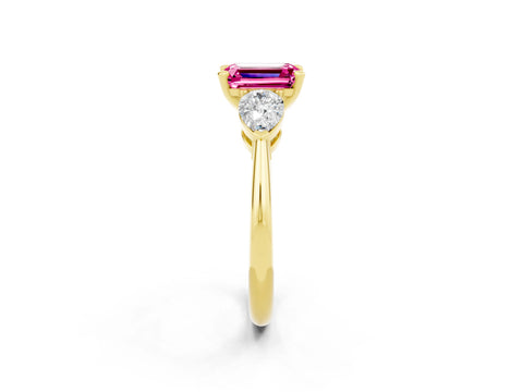Yellow gold Three-Stone Emerald Cut Pink Sapphire Ring with Pear Side Stones and Four-Prong Setting_38