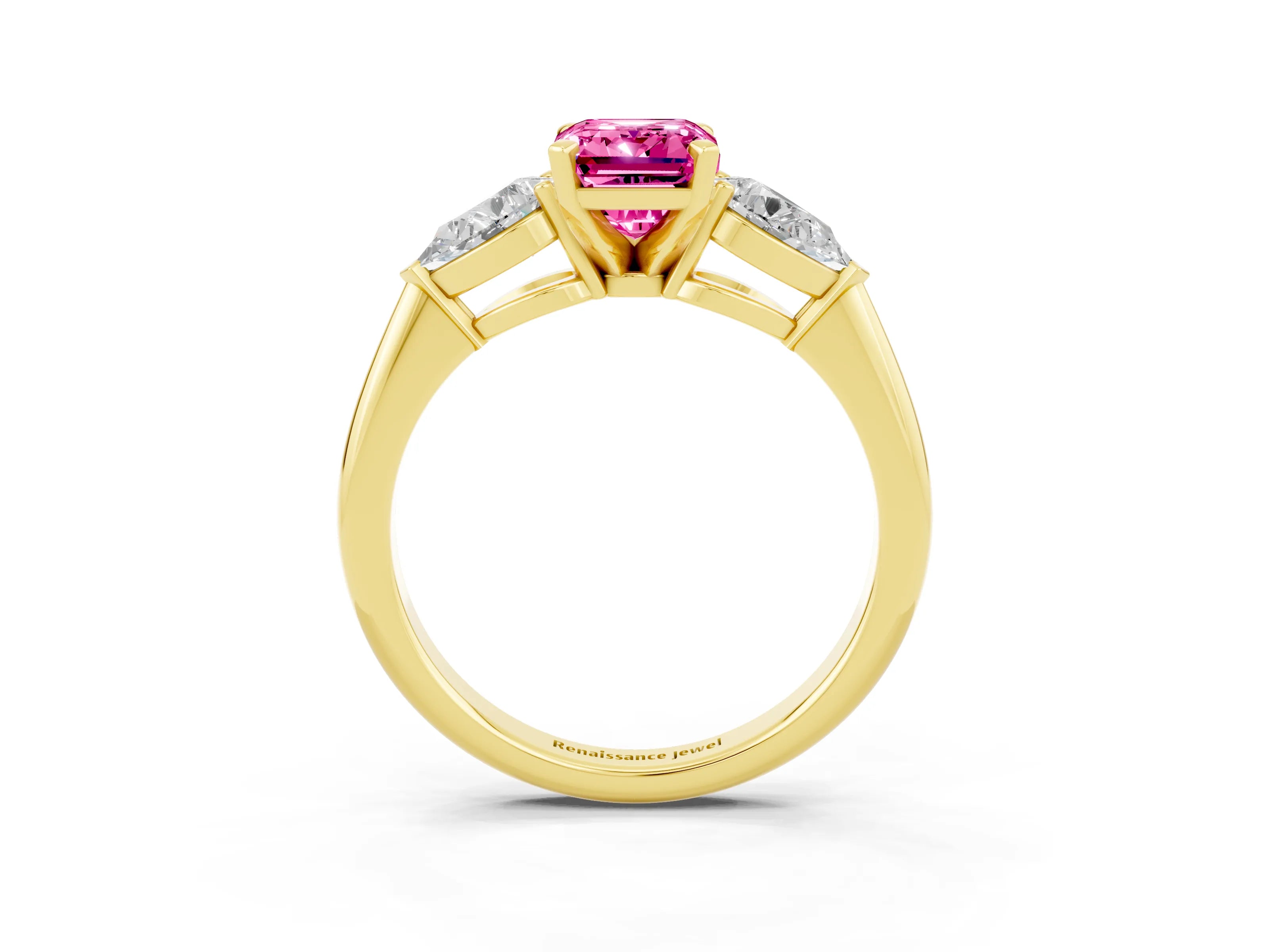 Yellow gold Three-Stone Emerald Cut Pink Sapphire Ring with Pear Side Stones and Four-Prong Setting_39