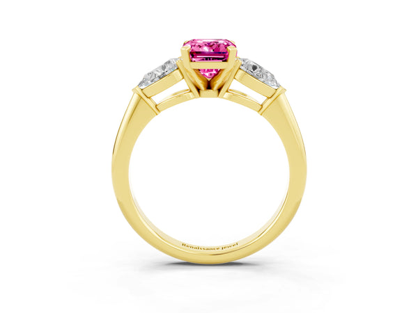 Yellow gold Three-Stone Emerald Cut Pink Sapphire Ring with Pear Side Stones and Four-Prong Setting