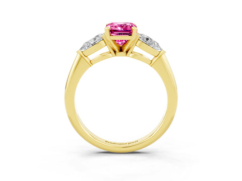 Yellow gold Three-Stone Emerald Cut Pink Sapphire Ring with Pear Side Stones and Four-Prong Setting_39