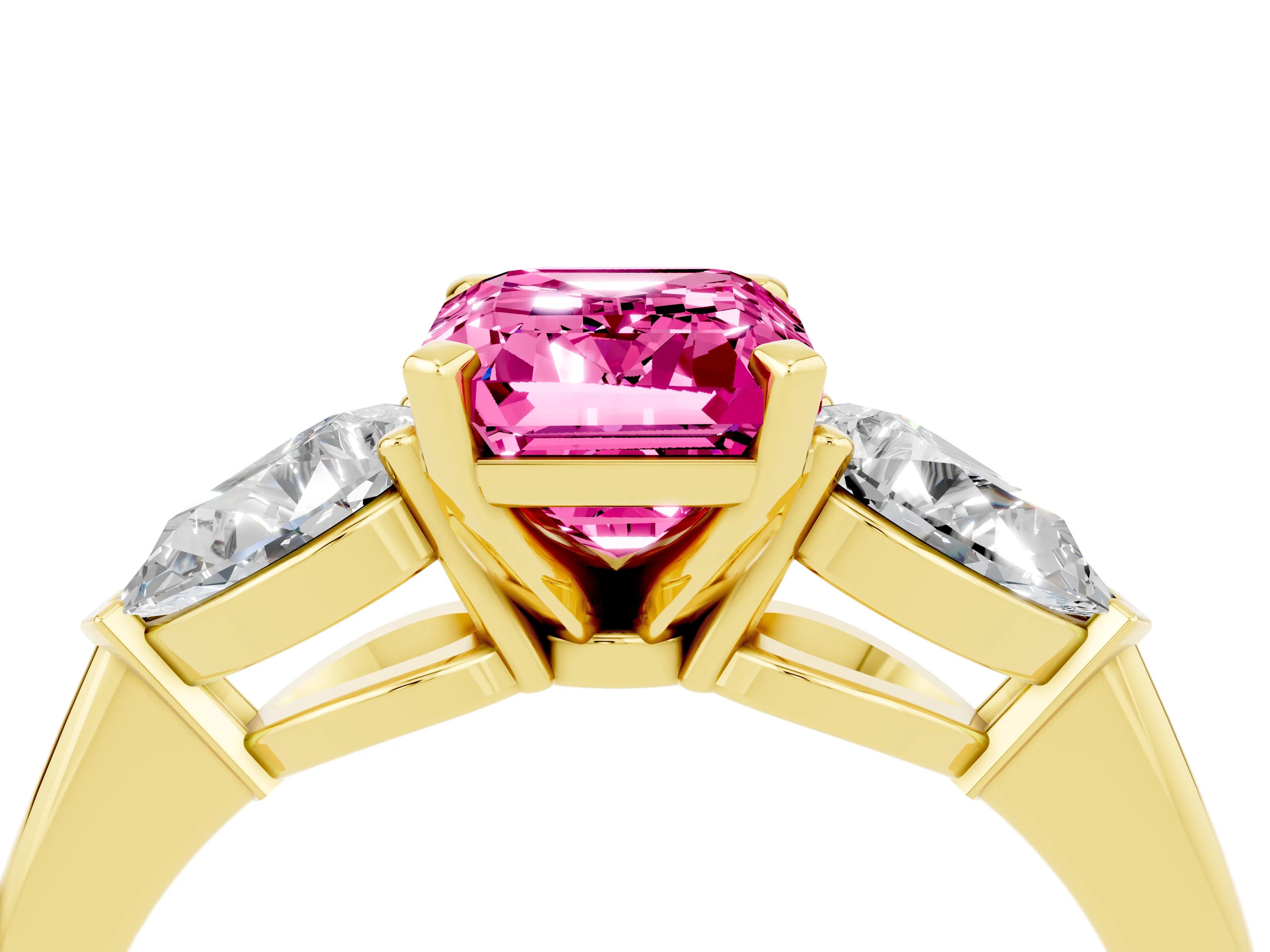 Yellow gold Three-Stone Emerald Cut Pink Sapphire Ring with Pear Side Stones and Four-Prong Setting_40