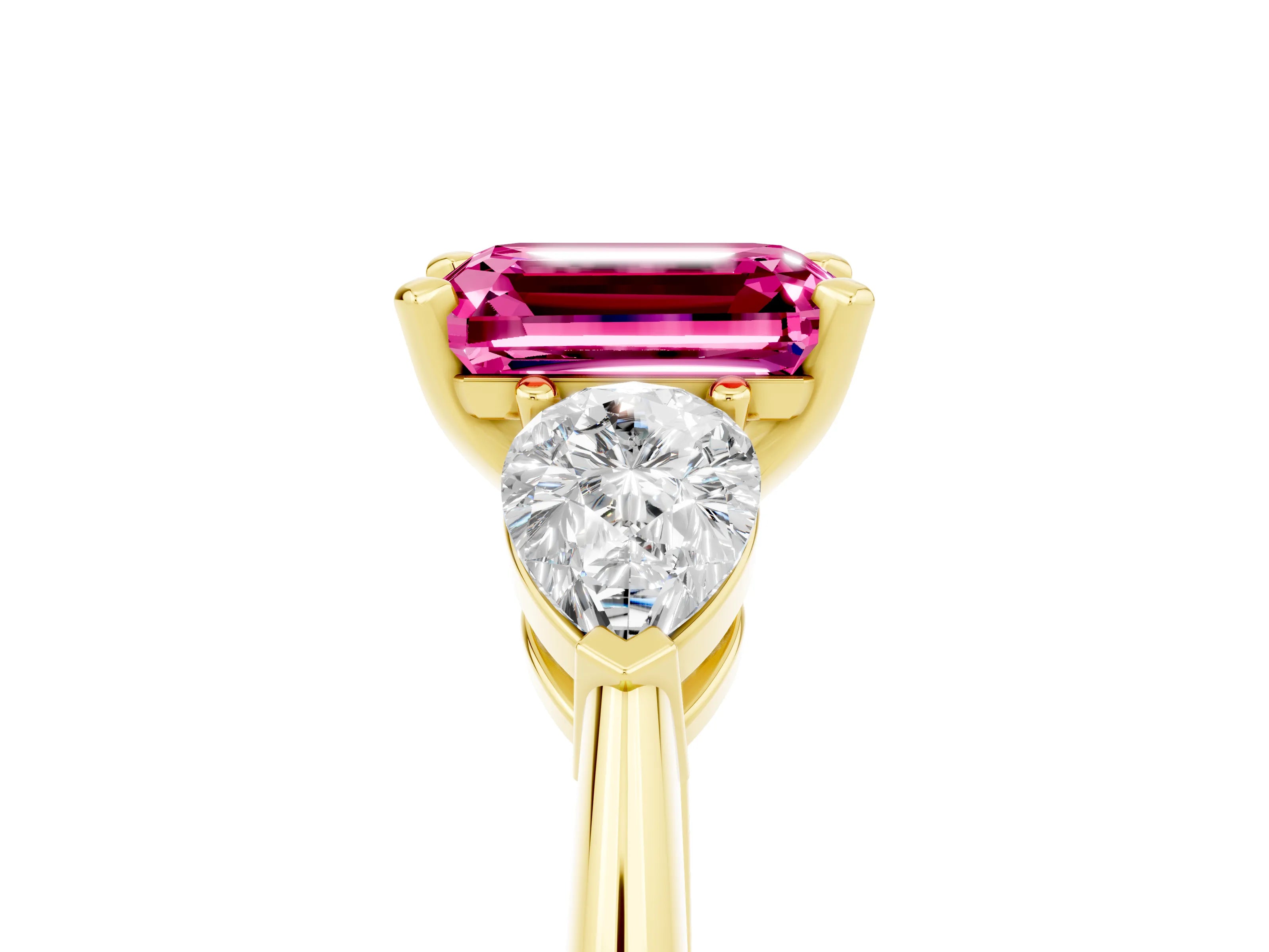 Yellow gold Three-Stone Emerald Cut Pink Sapphire Ring with Pear Side Stones and Four-Prong Setting_41