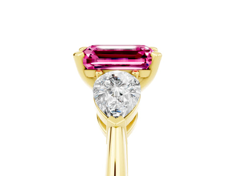 Yellow gold Three-Stone Emerald Cut Pink Sapphire Ring with Pear Side Stones and Four-Prong Setting_41