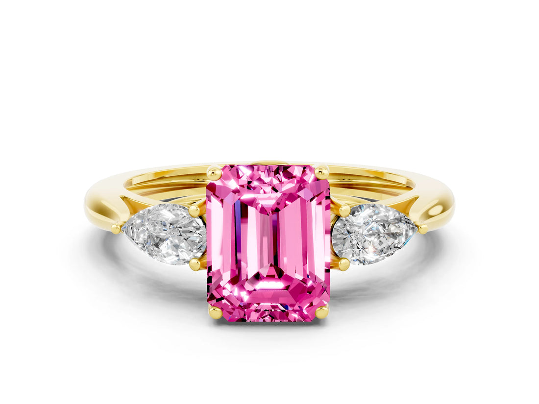 Yellow gold Three-Stone Emerald Cut Pink Sapphire Ring with Pear  Side Stones in Four-Prong Setting_12