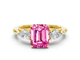 Yellow gold Three-Stone Emerald Cut Pink Sapphire Ring with Pear  Side Stones in Four-Prong Setting_12