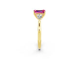 Yellow gold Three-Stone Emerald Cut Pink Sapphire Ring with Pear  Side Stones in Four-Prong Setting_14