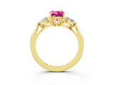 Yellow gold Three-Stone Emerald Cut Pink Sapphire Ring with Pear  Side Stones in Four-Prong Setting_15