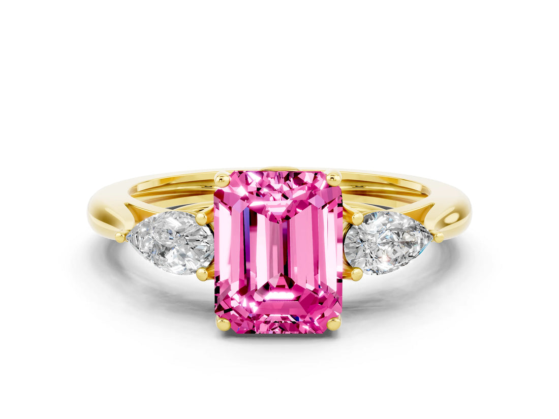 Yellow gold Three-Stone Emerald Cut Pink Sapphire Ring with Pear  Side Stones in Four-Prong Setting_36
