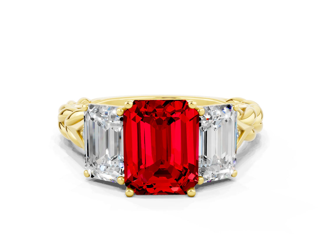 Yellow gold Three-Stone Emerald Cut Ruby Braided Band Ring with Four-Prong Setting_36
