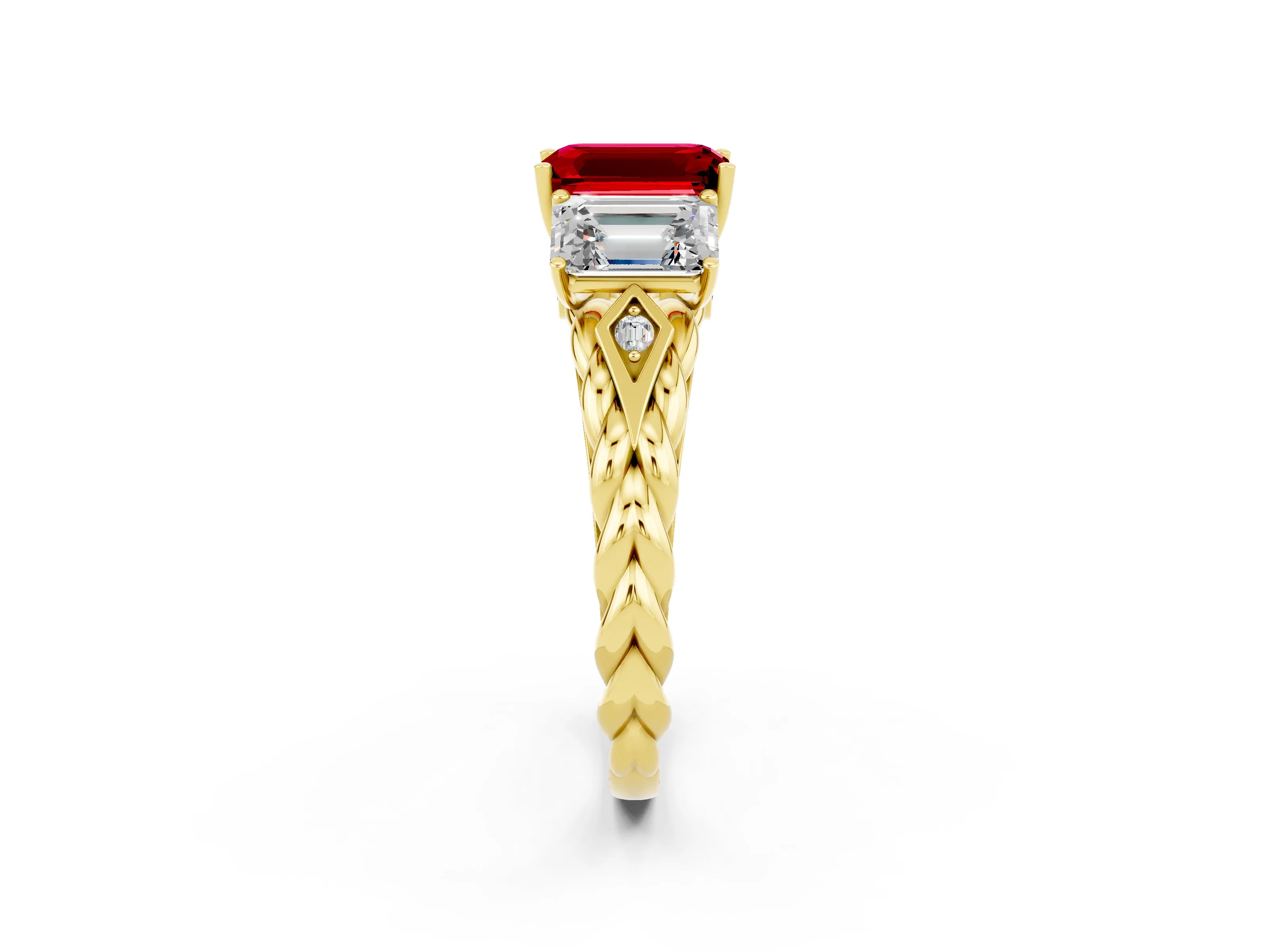 Yellow gold Three-Stone Emerald Cut Ruby Braided Band Ring with Four-Prong Setting_38