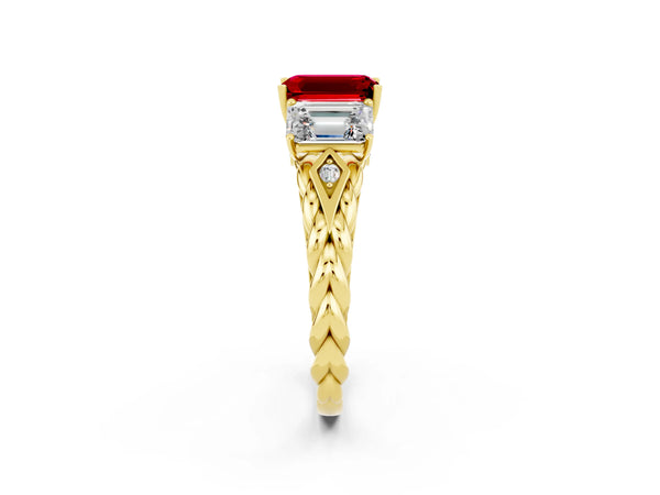 Yellow gold Three-Stone Emerald Cut Ruby Braided Band Ring with Four-Prong Setting