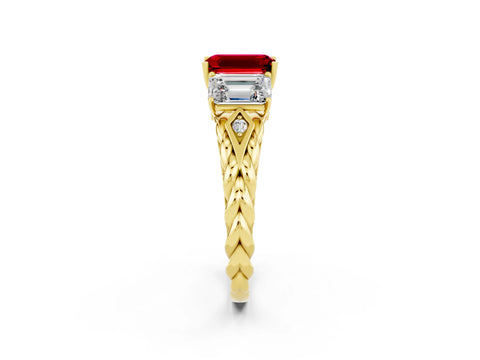 Yellow gold Three-Stone Emerald Cut Ruby Braided Band Ring with Four-Prong Setting_38
