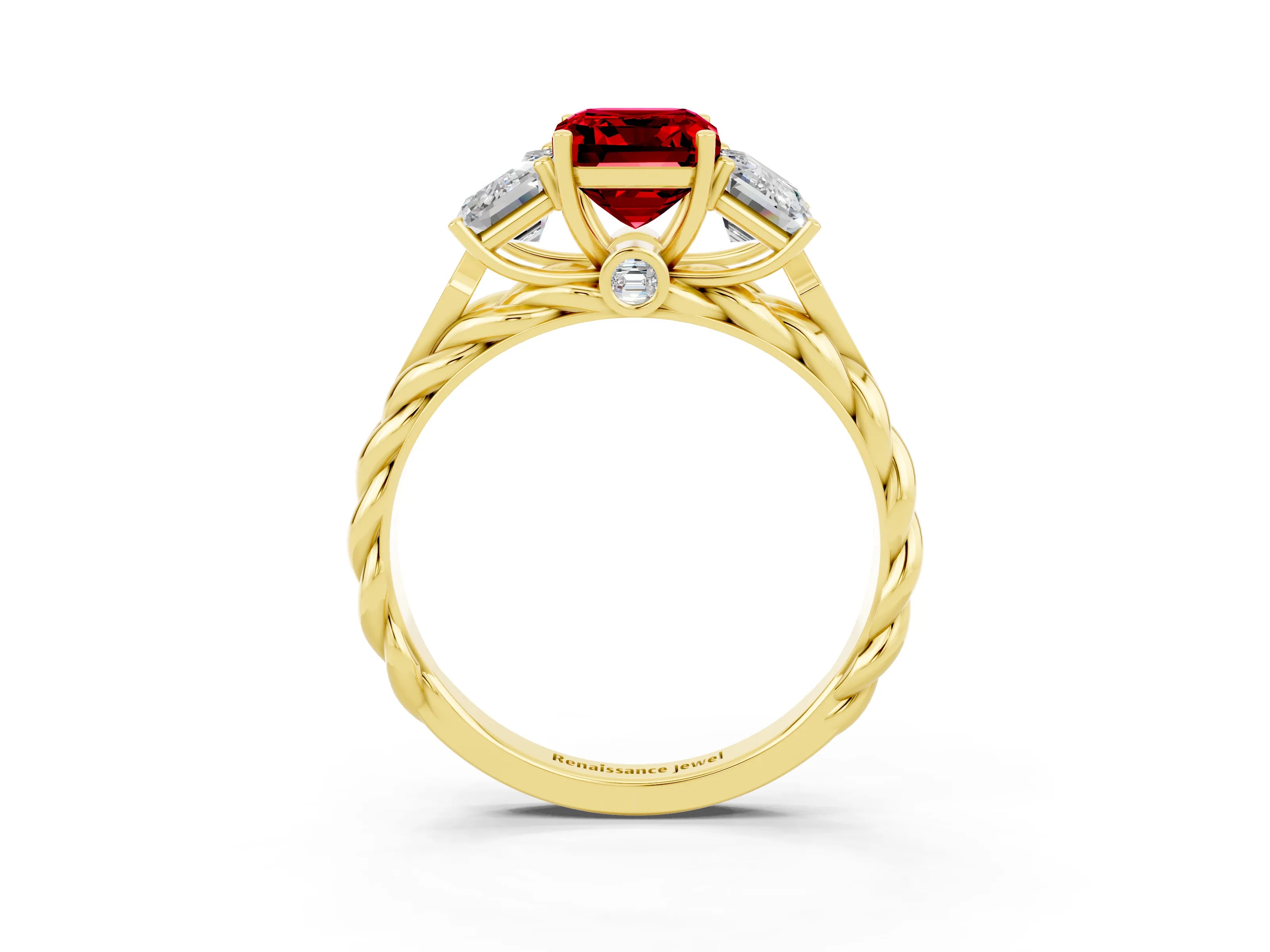 Yellow gold Three-Stone Emerald Cut Ruby Braided Band Ring with Four-Prong Setting_39