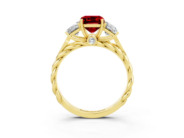 Yellow gold Three-Stone Emerald Cut Ruby Braided Band Ring with Four-Prong Setting