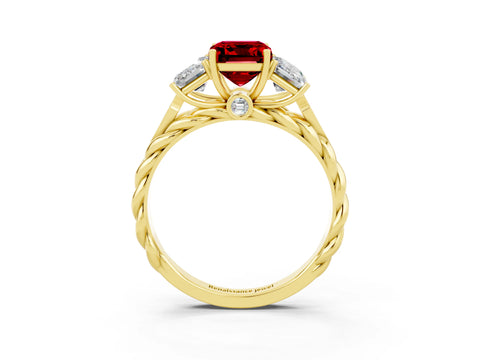Yellow gold Three-Stone Emerald Cut Ruby Braided Band Ring with Four-Prong Setting_39