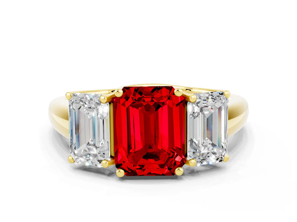 Yellow gold Three-Stone Emerald Cut Ruby Engagement Ring with Prong Setting