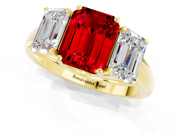 Yellow gold Three-Stone Emerald Cut Ruby Engagement Ring with Prong Setting