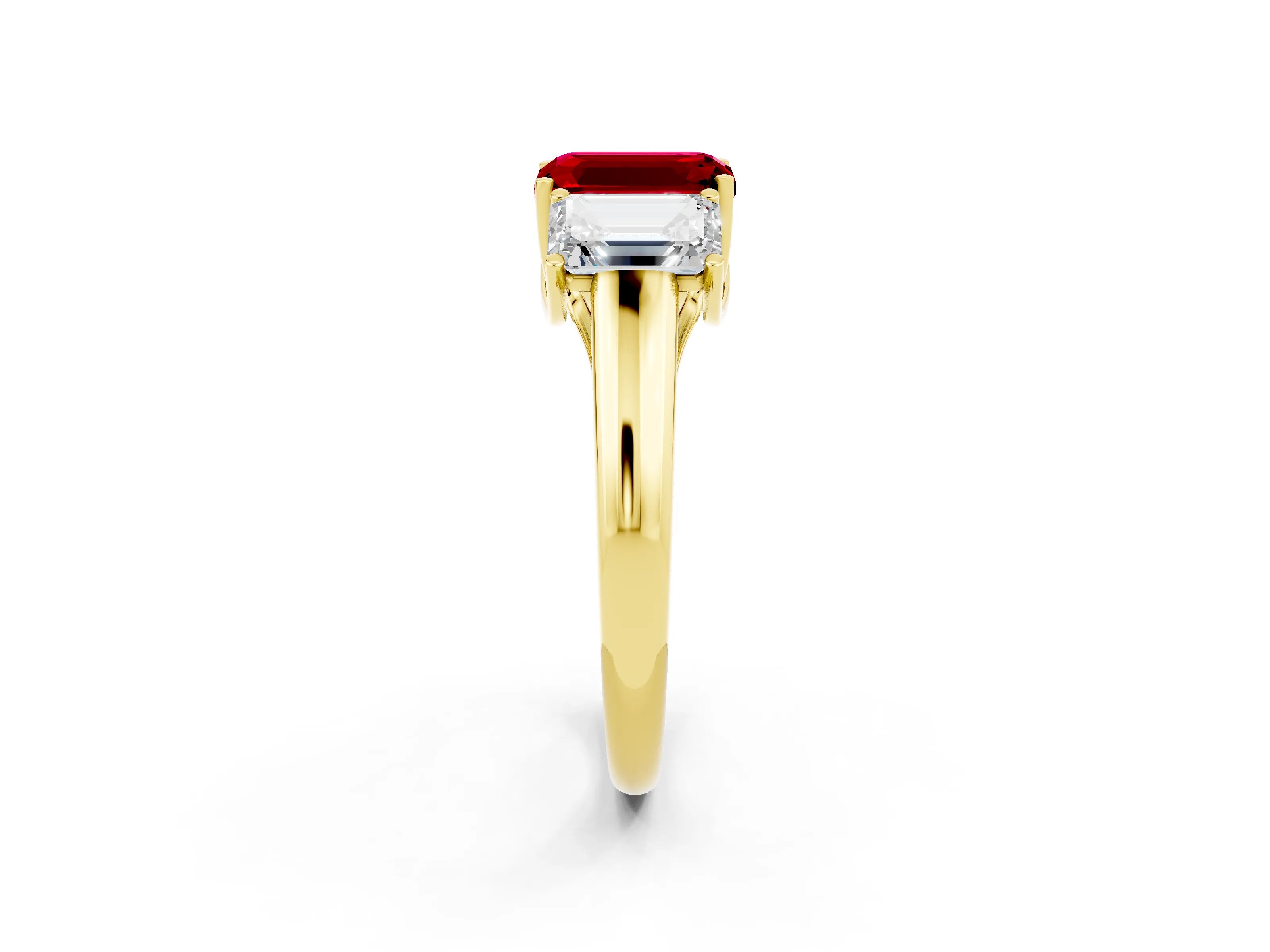 Yellow gold Three-Stone Emerald Cut Ruby Engagement Ring with Prong Setting_2