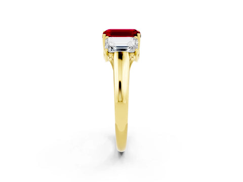 Yellow gold Three-Stone Emerald Cut Ruby Engagement Ring with Prong Setting_2