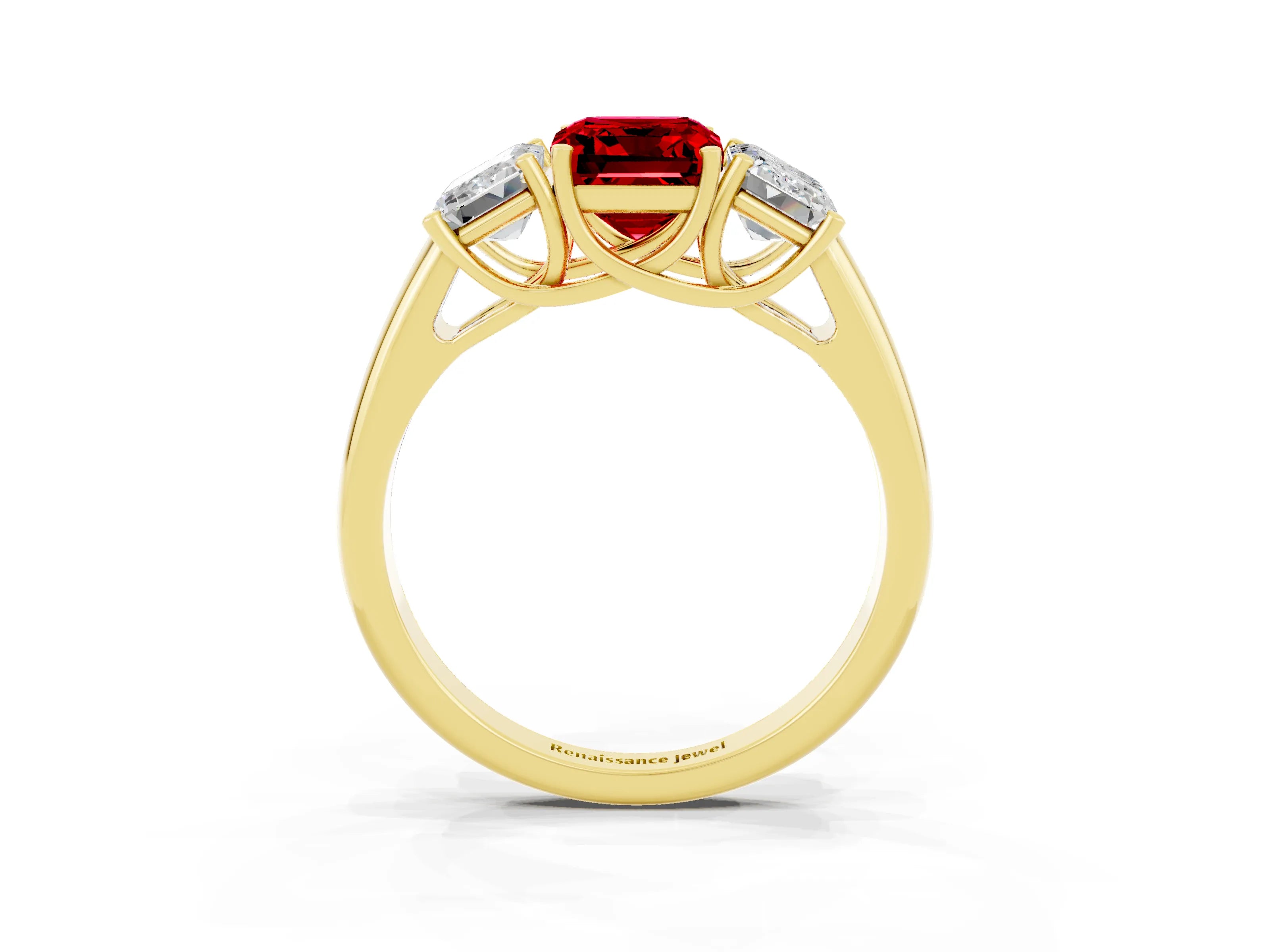 Yellow gold Three-Stone Emerald Cut Ruby Engagement Ring with Prong Setting_3