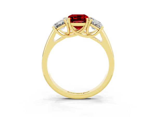 Yellow gold Three-Stone Emerald Cut Ruby Engagement Ring with Prong Setting