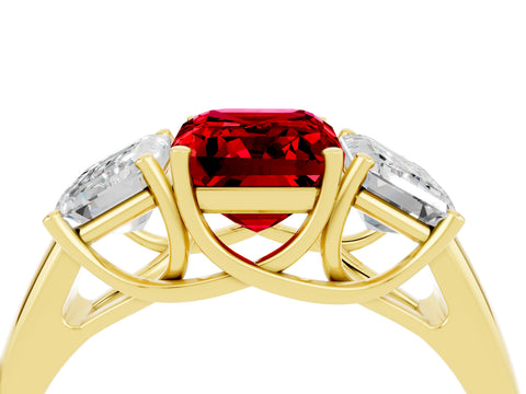 Yellow gold Three-Stone Emerald Cut Ruby Engagement Ring with Prong Setting_4