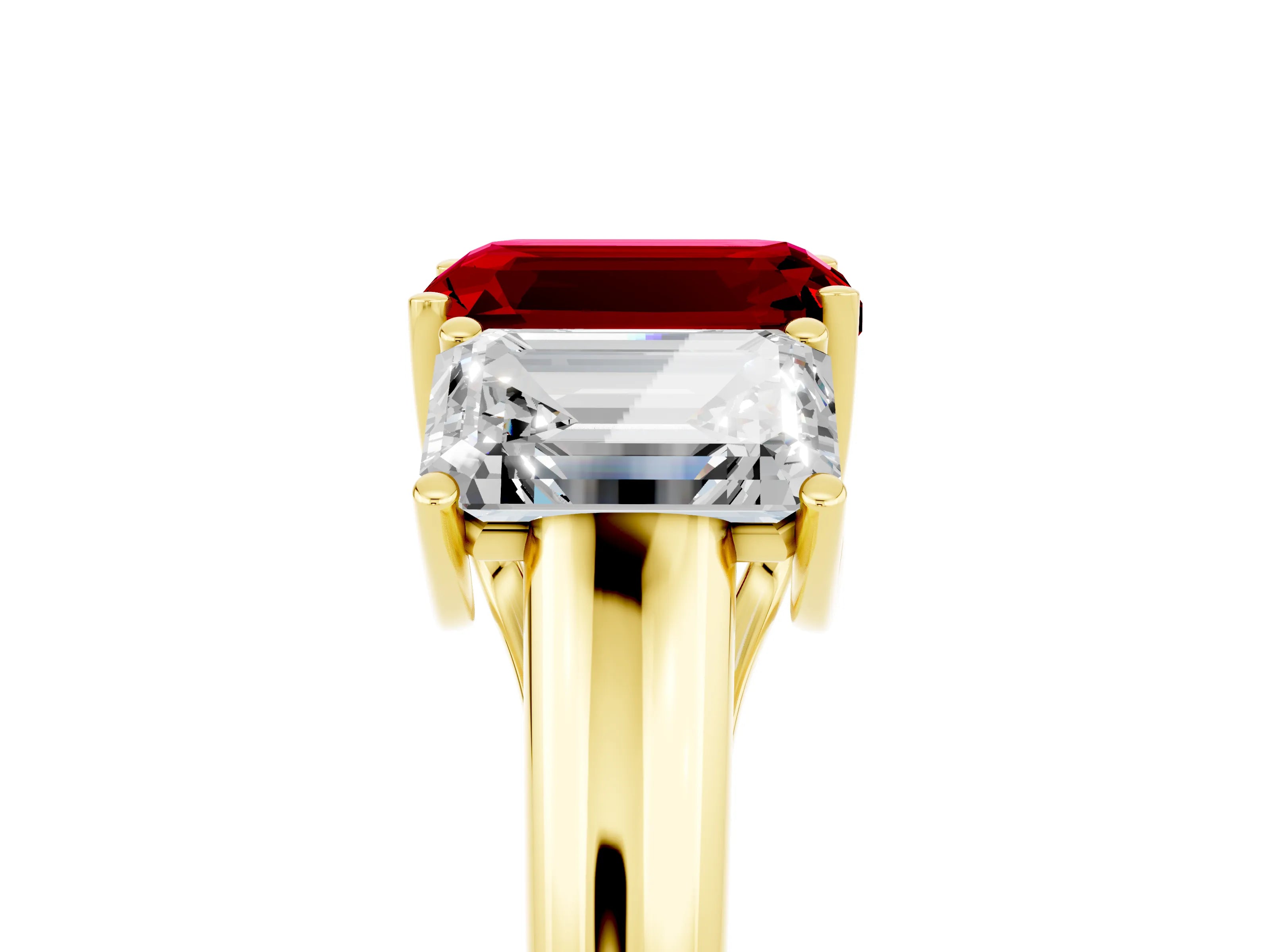 Yellow gold Three-Stone Emerald Cut Ruby Engagement Ring with Prong Setting_5