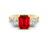 Yellow gold Three-Stone Emerald Cut Ruby Pavé Band with Four-Prong Setting