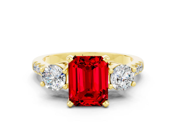 Yellow gold Three-Stone Emerald Cut Ruby Pavé Band with Four-Prong Setting
