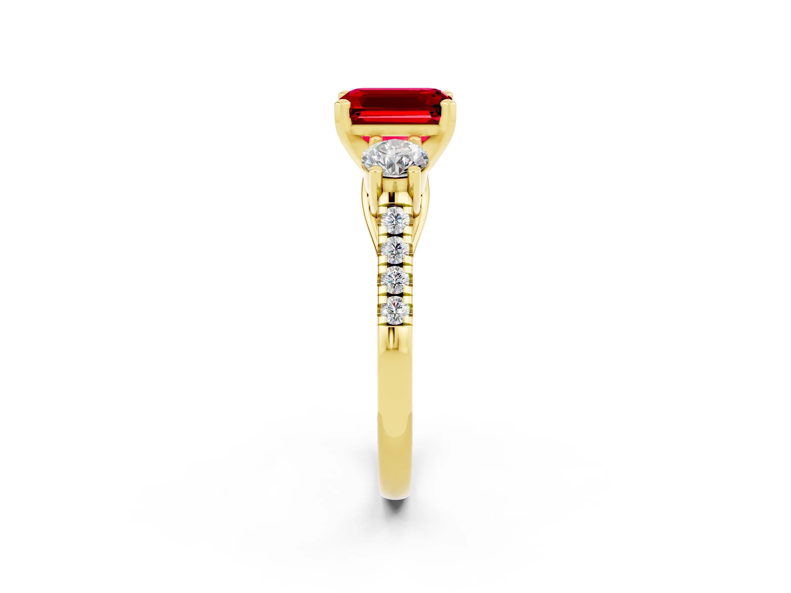 Yellow gold Three-Stone Emerald Cut Ruby Pavé Band with Four-Prong Setting_2