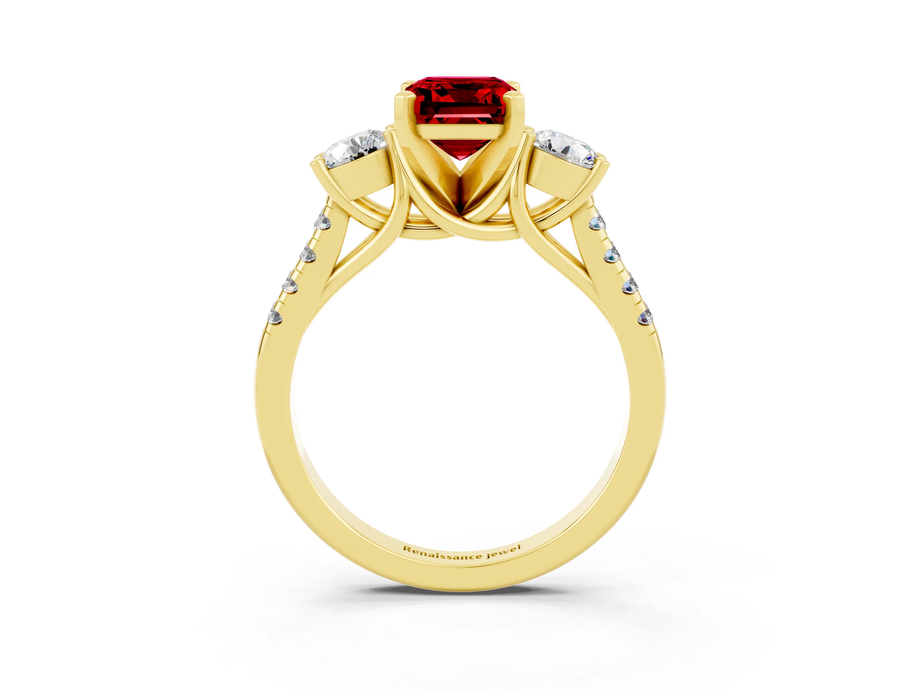 Yellow gold Three-Stone Emerald Cut Ruby Pavé Band with Four-Prong Setting_3