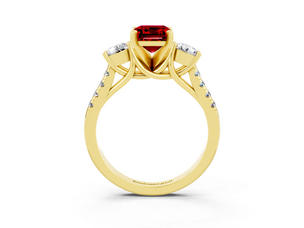 Yellow gold Three-Stone Emerald Cut Ruby Pavé Band with Four-Prong Setting