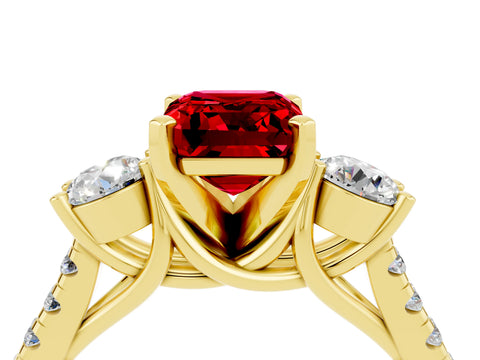 Yellow gold Three-Stone Emerald Cut Ruby Pavé Band with Four-Prong Setting_4