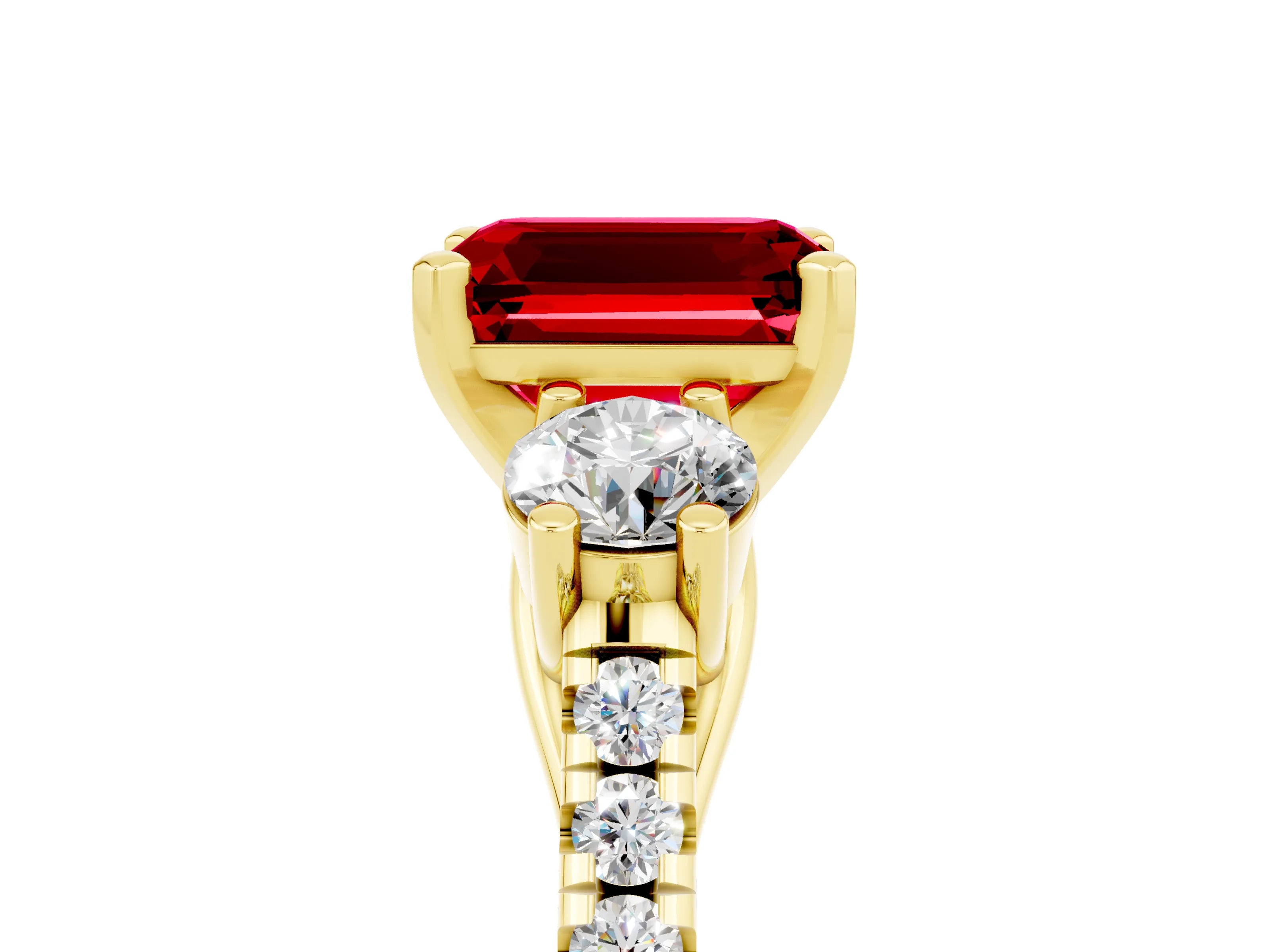 Yellow gold Three-Stone Emerald Cut Ruby Pavé Band with Four-Prong Setting_5