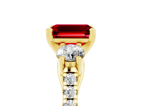 Yellow gold Three-Stone Emerald Cut Ruby Pavé Band with Four-Prong Setting_5
