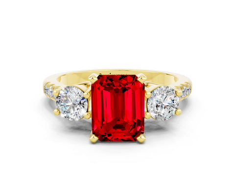 Yellow gold Three-Stone Emerald Cut Ruby Pavé Band with Four-Prong Setting