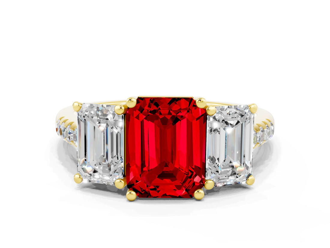 Yellow gold Three-Stone Emerald Cut Ruby Ring with Pavé Band and Prong Setting_12