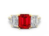 Yellow gold Three-Stone Emerald Cut Ruby Ring with Pavé Band and Prong Setting_12