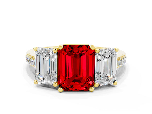 Yellow gold Three-Stone Emerald Cut Ruby Ring with Round  Pavé Band and Prong Setting