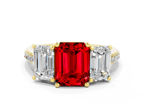 Yellow gold Three-Stone Emerald Cut Ruby Ring with Pavé Band and Prong Setting_12