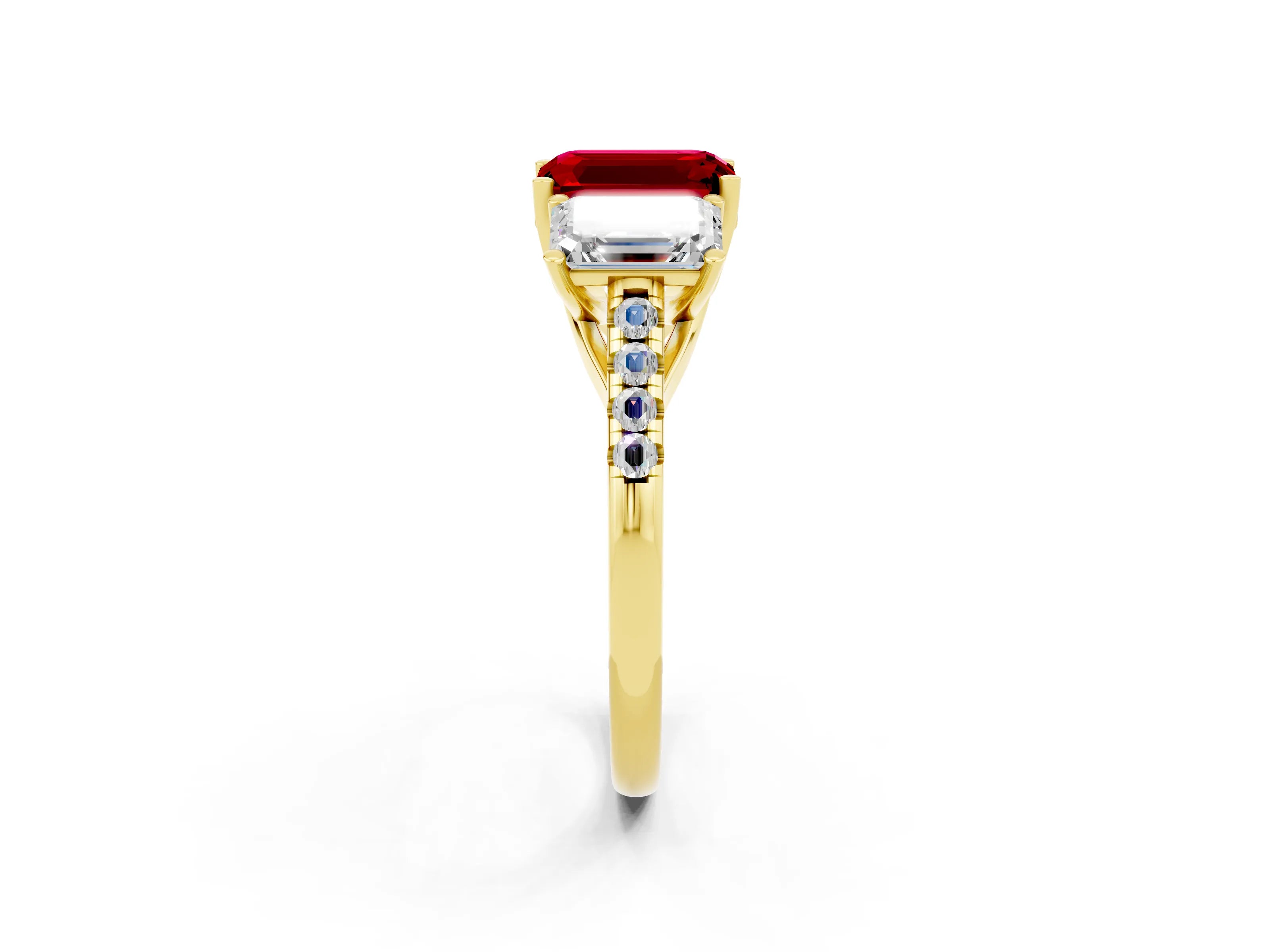Yellow gold Three-Stone Emerald Cut Ruby Ring with Pavé Band and Prong Setting_14