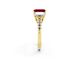 Yellow gold Three-Stone Emerald Cut Ruby Ring with Pavé Band and Prong Setting_14