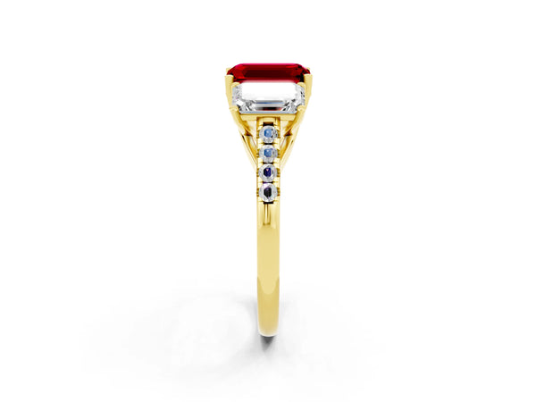 Yellow gold Three-Stone Emerald Cut Ruby Ring with Round  Pavé Band and Prong Setting