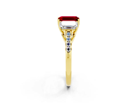 Yellow gold Three-Stone Emerald Cut Ruby Ring with Pavé Band and Prong Setting_14