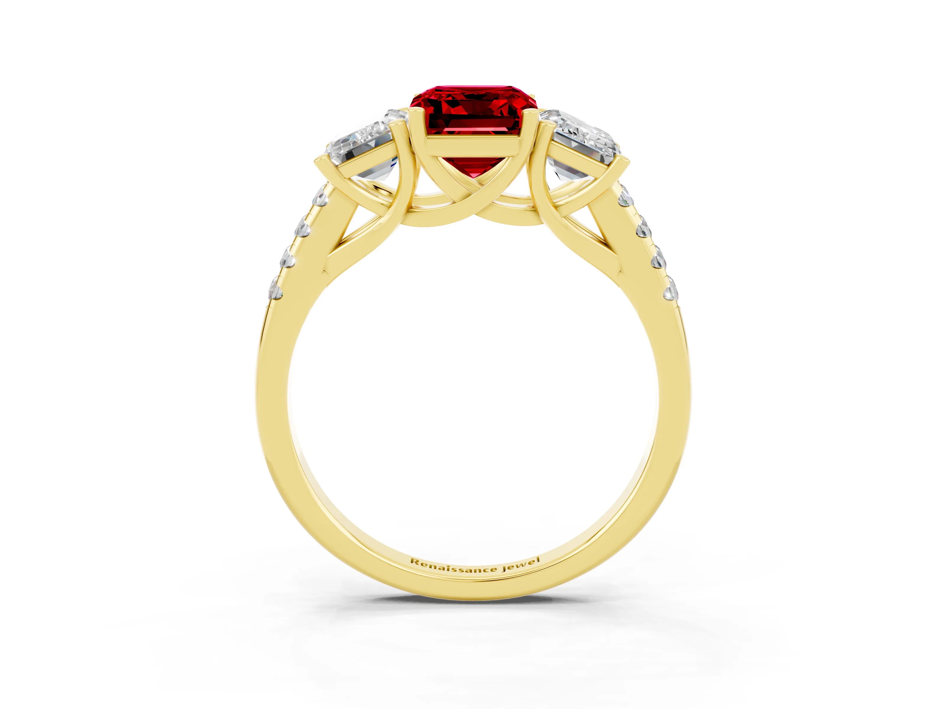 Yellow gold Three-Stone Emerald Cut Ruby Ring with Pavé Band and Prong Setting_15
