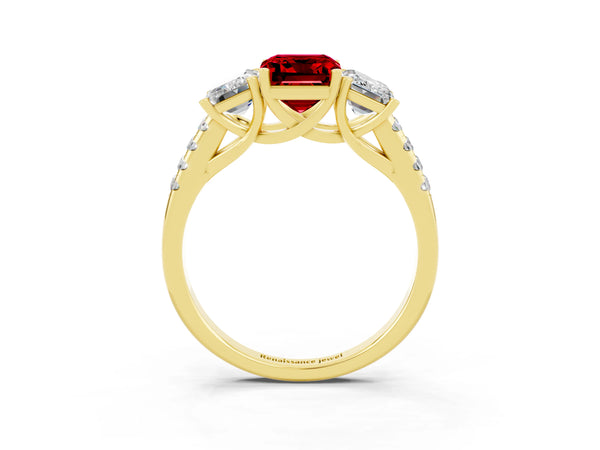 Yellow gold Three-Stone Emerald Cut Ruby Ring with Round  Pavé Band and Prong Setting