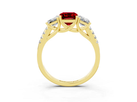 Yellow gold Three-Stone Emerald Cut Ruby Ring with Pavé Band and Prong Setting_15