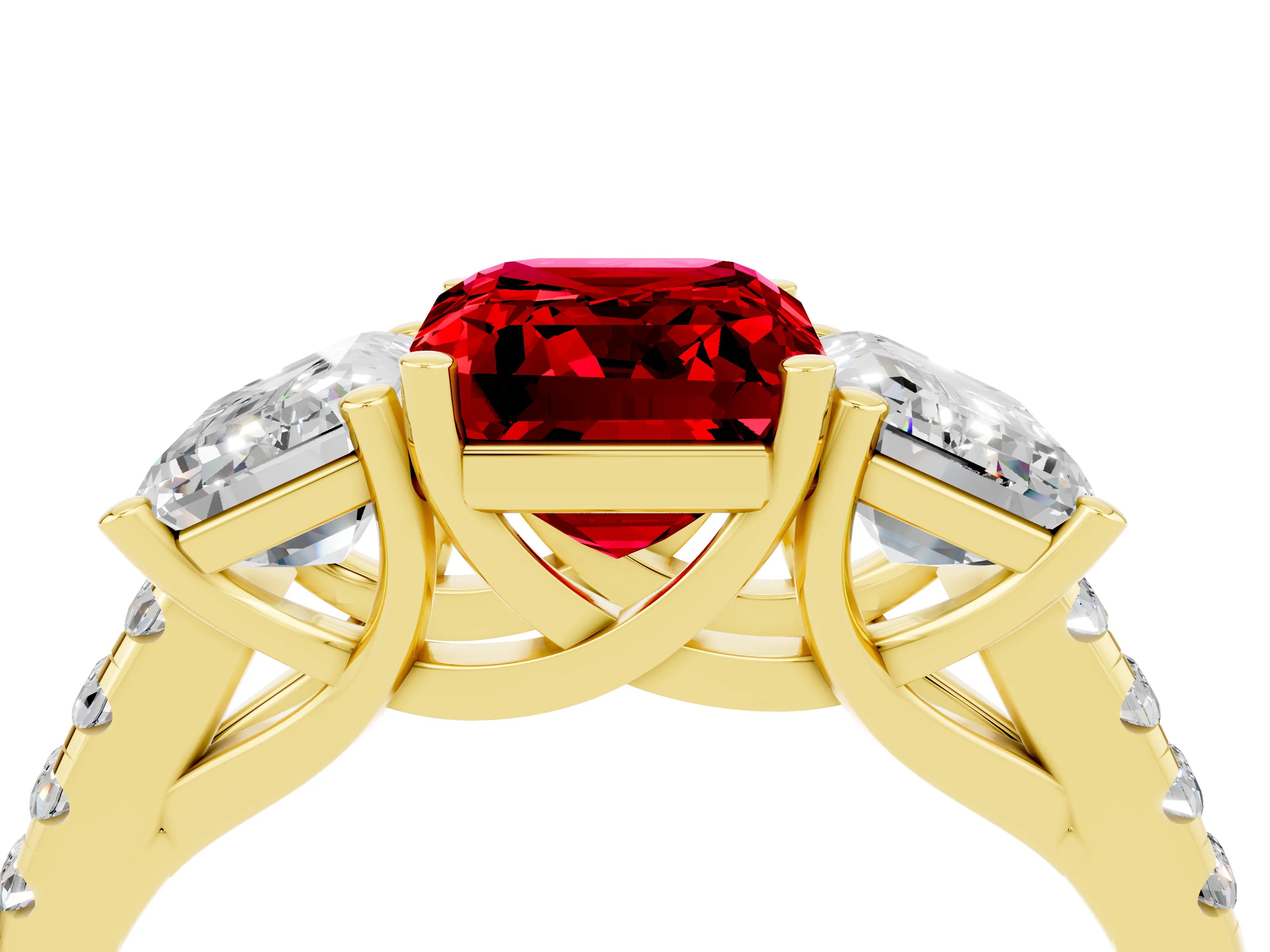 Yellow gold Three-Stone Emerald Cut Ruby Ring with Pavé Band and Prong Setting_16