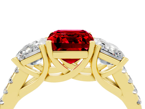 Yellow gold Three-Stone Emerald Cut Ruby Ring with Pavé Band and Prong Setting_16