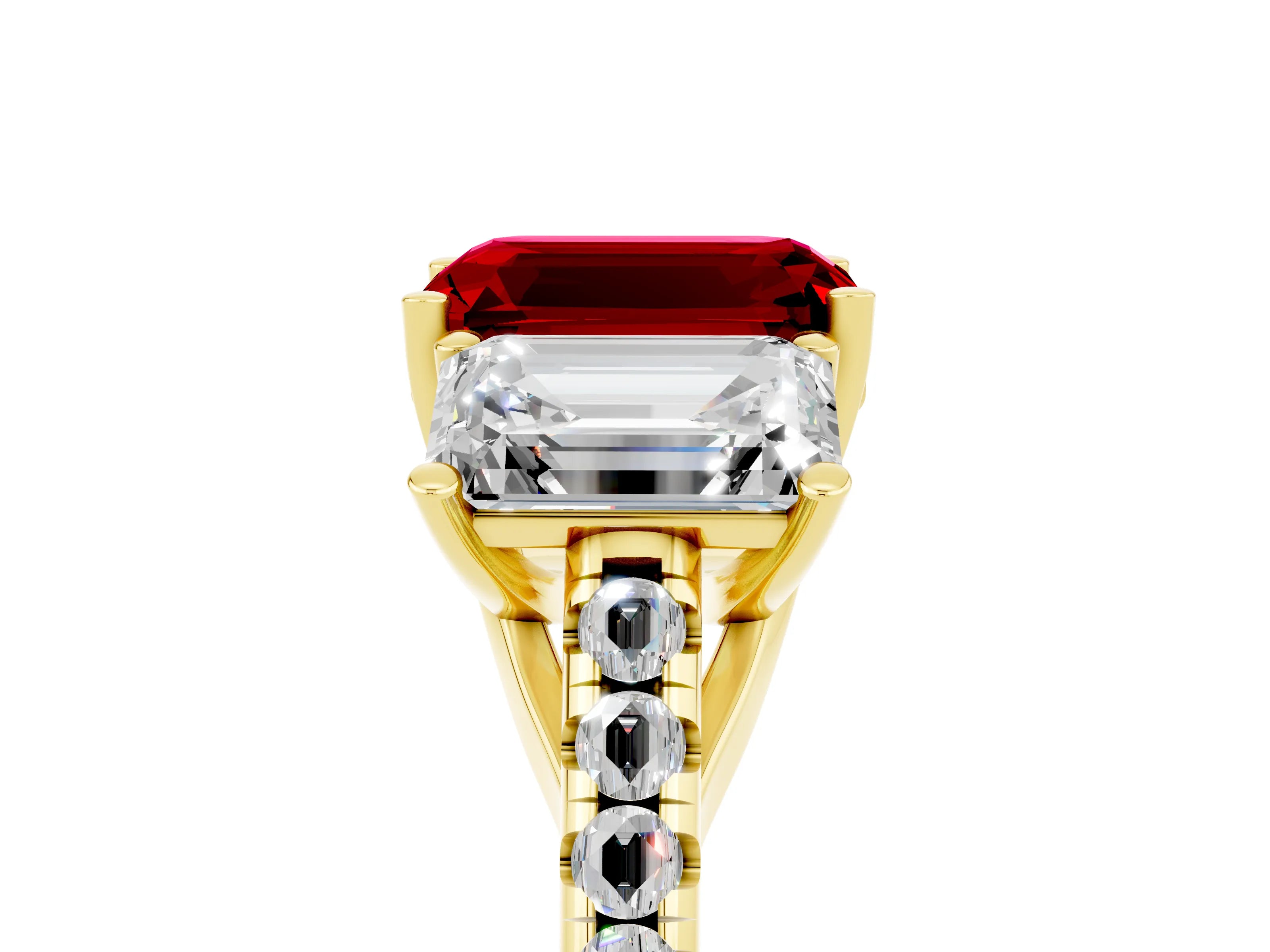 Yellow gold Three-Stone Emerald Cut Ruby Ring with Pavé Band and Prong Setting_17